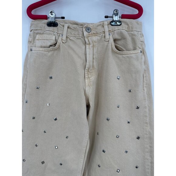 Zara Womens Size 6 Studdeded Wide Leg Jeans Beige Mid Rise Waist 30 Denim - Picture 5 of 8